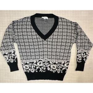 Hale Bob Women's Lilliana Jacquard Knit Pullover Sweater Black White V-Neck L